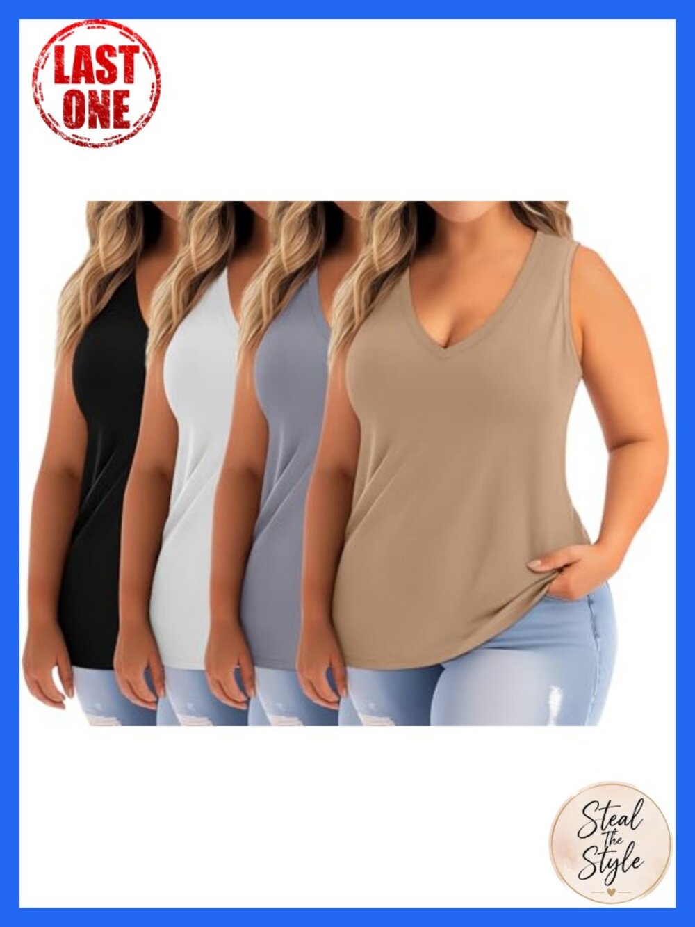 Plus Size Loose Fit Deep V-Neck Tank Tops Polyester Cotton Spandex 4 Pack